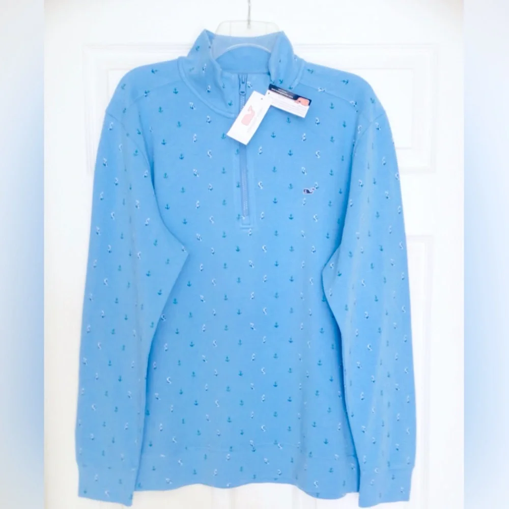 Vineyard Vines Broadfield Half Zip Pullover-Anchor Print Ocean Blue New With Tag - Picture 3 of 8